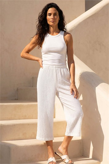 White Classic Crinkle Crop Trouser
