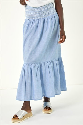 Blue Shirred Tiered A-Line Skirt