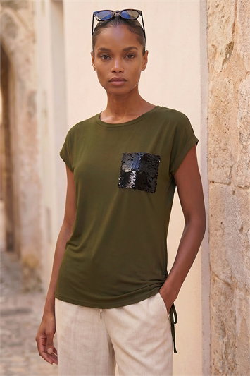 Green Sequin Pocket Side Ruched T-Shirt