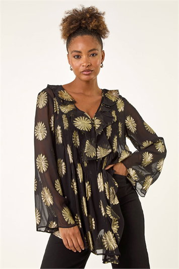 Black Floral Jacquard Frill Buttoned Blouse