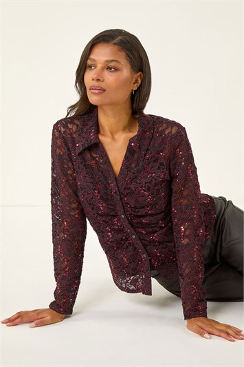 Red Sparkly Lace Collared Blouse