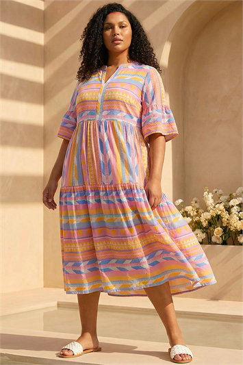 Yellow Curve Stripe Print Boho Tiered Dress