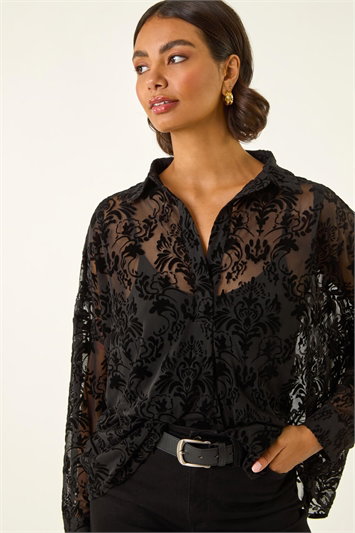 Black Textured Floral V-Neck Top
