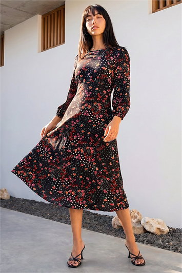 Black Petite Floral Print Midi Dress