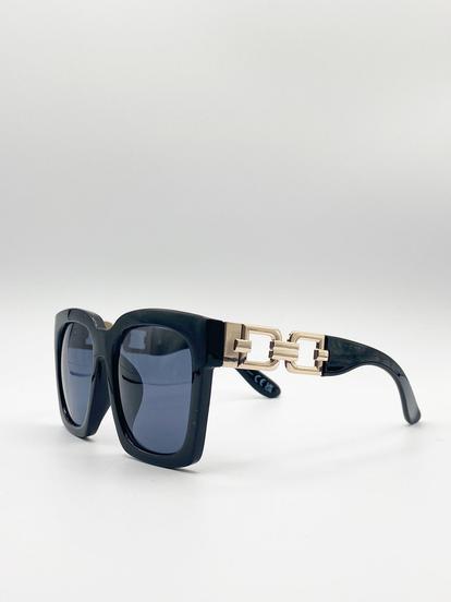 Black Oversized Sunglasses With Gold Chain Detail
