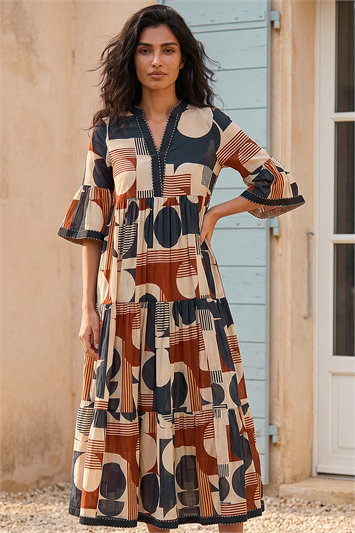 Brown Geometric Boho Maxi Dress