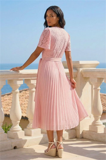 Cerise Lace Top Overlay Pleated Midi Dress | Roman UK