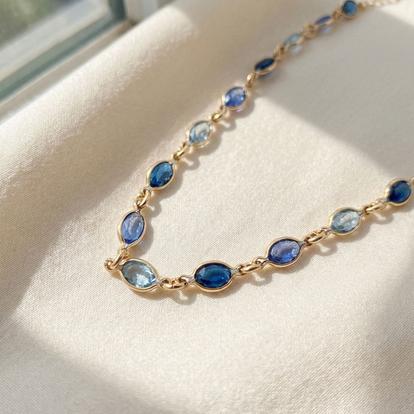 Metallic 18Ct Gold Plated Blue Multi Gemstone Crystal Necklace