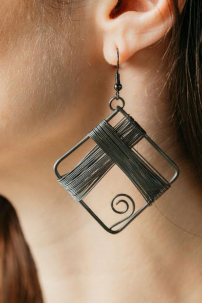 Black Square Wire-Wrapped Drop Earrings