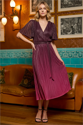 Red Ombre Shimmer Plisse Midi Dress