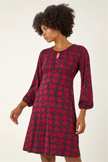 Red Abstract Print Key Hole Stretch Dress