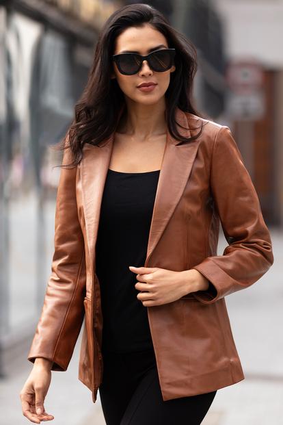 Black 'Lucia' Real Leather Fashion Single Breasted Blazer