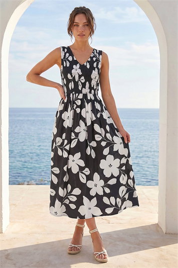 Black Petite Floral Print Shirred Midi Dress