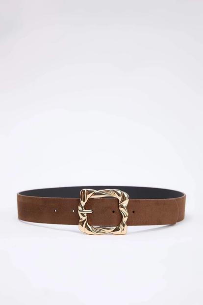 Brown Gold Tone Square Buckle Faux Suede Waist Belt