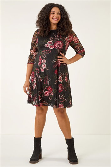 Curve Floral Print Lace Dress 14805578