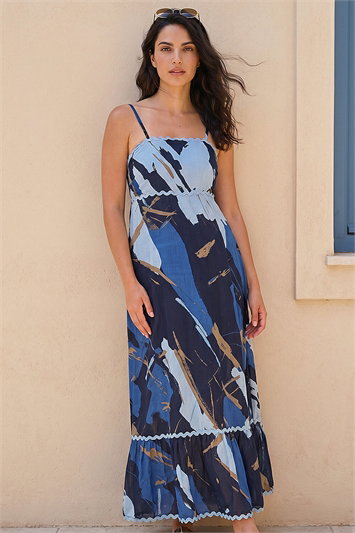Blue Dusk Abstract Ric Rac Maxi Dress