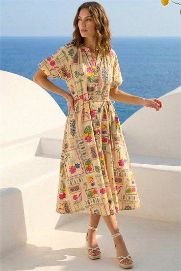 Petite Postcard Tie Waist Midi Dress 14831588