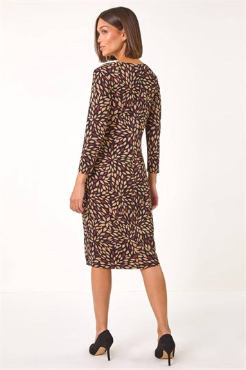 Leaf Print Side Twist Stretch Midi Dress 14634489