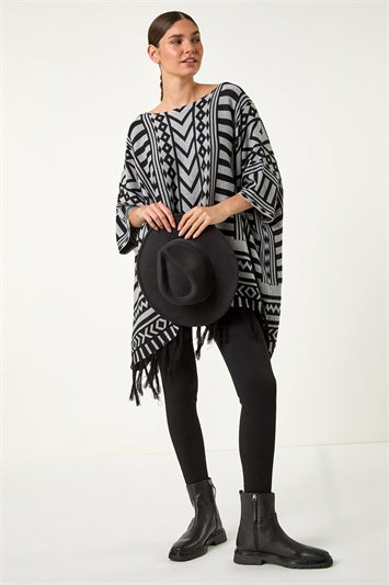 Tribal Pattern Fringe Poncho Jumper 16130144