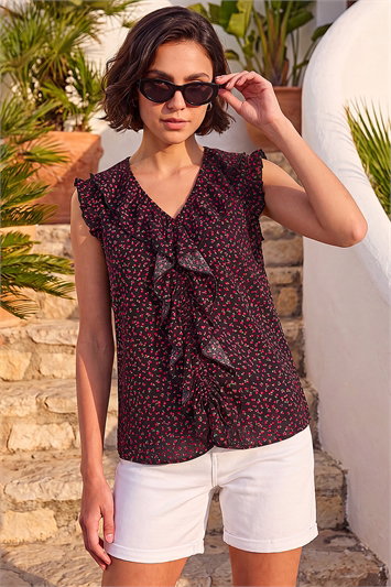 Black Floral Print Ruffle Front Top