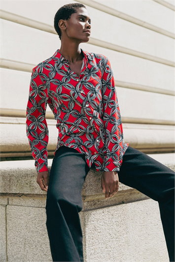 Geometric Print Button Up Blouse 10118078