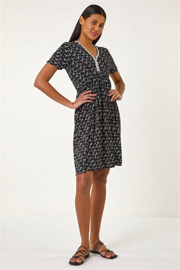 Black Ditsy Floral Print Trim Dress