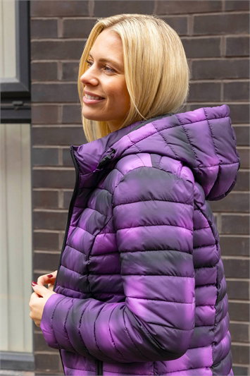 Purple Check Print Quilted Puffer Coat