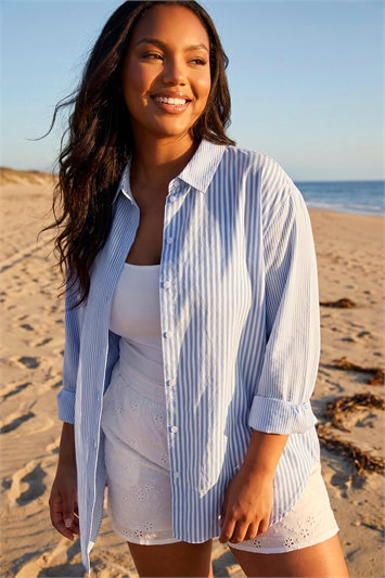 Blue Curve Contrast Stripe Blouse