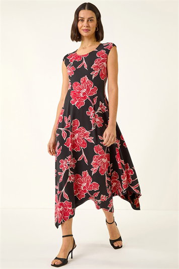 Black Floral Print Stretch Midi Dress
