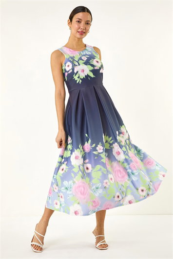 Blue Floral Print Border Premium Stretch Midi Dress