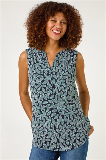 Blue Textured Leaf Print Stretch Top