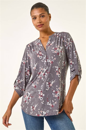 Grey Floral Puff Print Stretch Shirt