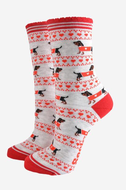 Grey Sausage Dog Fair Isle Bamboo Socks