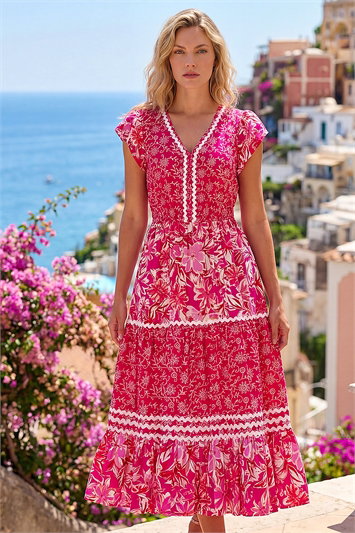 Floral Print Ric Rac Midi Dress 14684372
