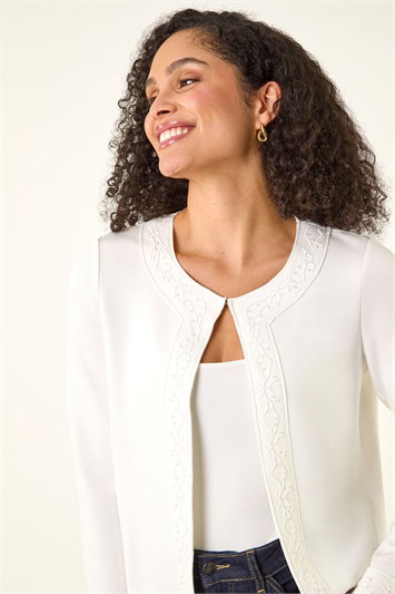 White Beaded Trim Open Jacket