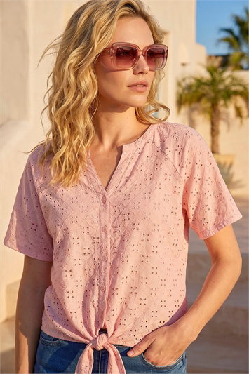 V-Neck Broderie Stretch Jersey Tie Front Top 19058972