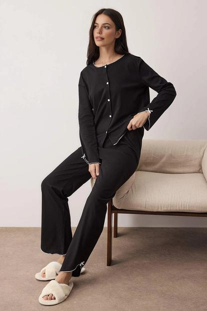 Black Contrast Trim Button Through Long Sleeve Cotton Knit Pyjama Set