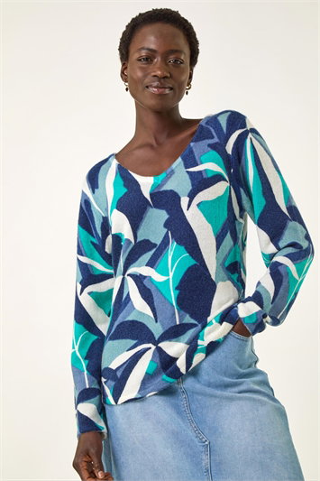 Blue Abstract V-Neck Knit Jumper