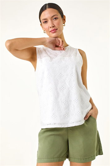 White Cotton Broderie Vest Top
