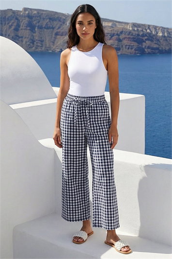 Blue Gingham Tie Waist Cropped Trouser