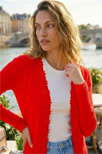 Red Floral Lace Trim Knit Cardigan