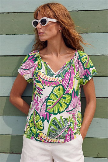 Pink Leaf Print V-Neck Stretch Top