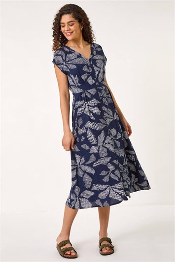 Blue Leaf Print Buttoned Midi Dress
