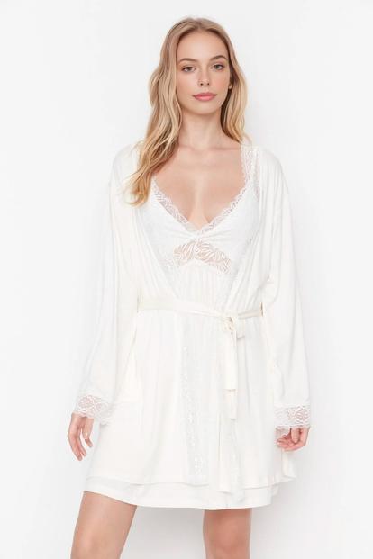 Black Women's Viscose Knit Lace-Trim Dressing Gown With Belt
