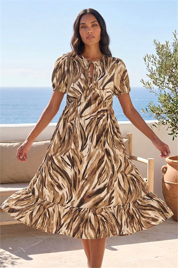 Brown Abstract Print Tie Front Smock Dress