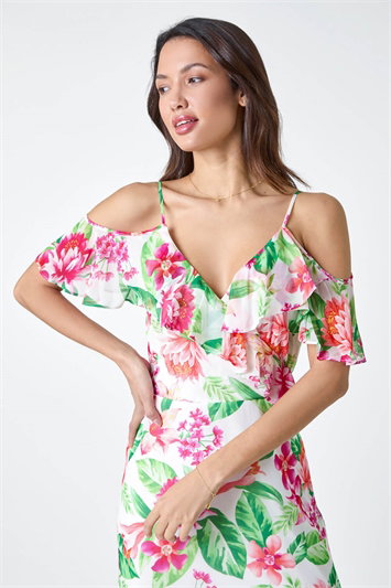 Floral Print Cold Shoulder Chiffon Midi Dress 14397838