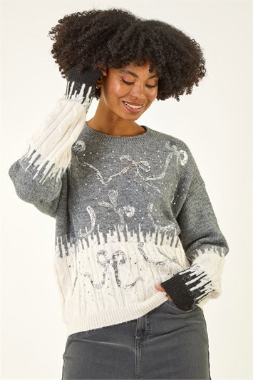 Grey Jacquard Bow Knit Jumper
