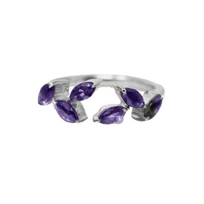 Metallic Sterling Silver Open Leaf Ring With Amethyst Gemstones