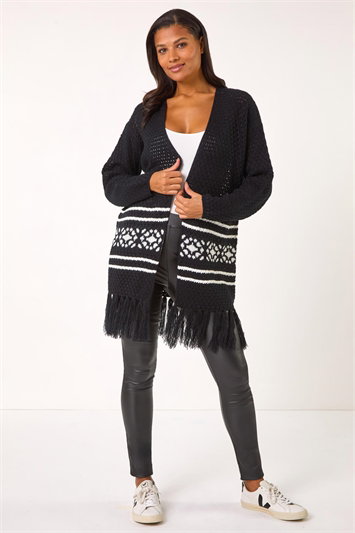 Jacquard Fringe Hem Knit Cardigan 16167308