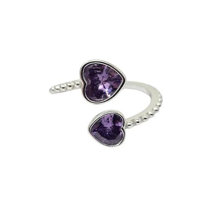 Metallic Double Heart Amethyst Heart February Birthstone Adjustable Silver Ring